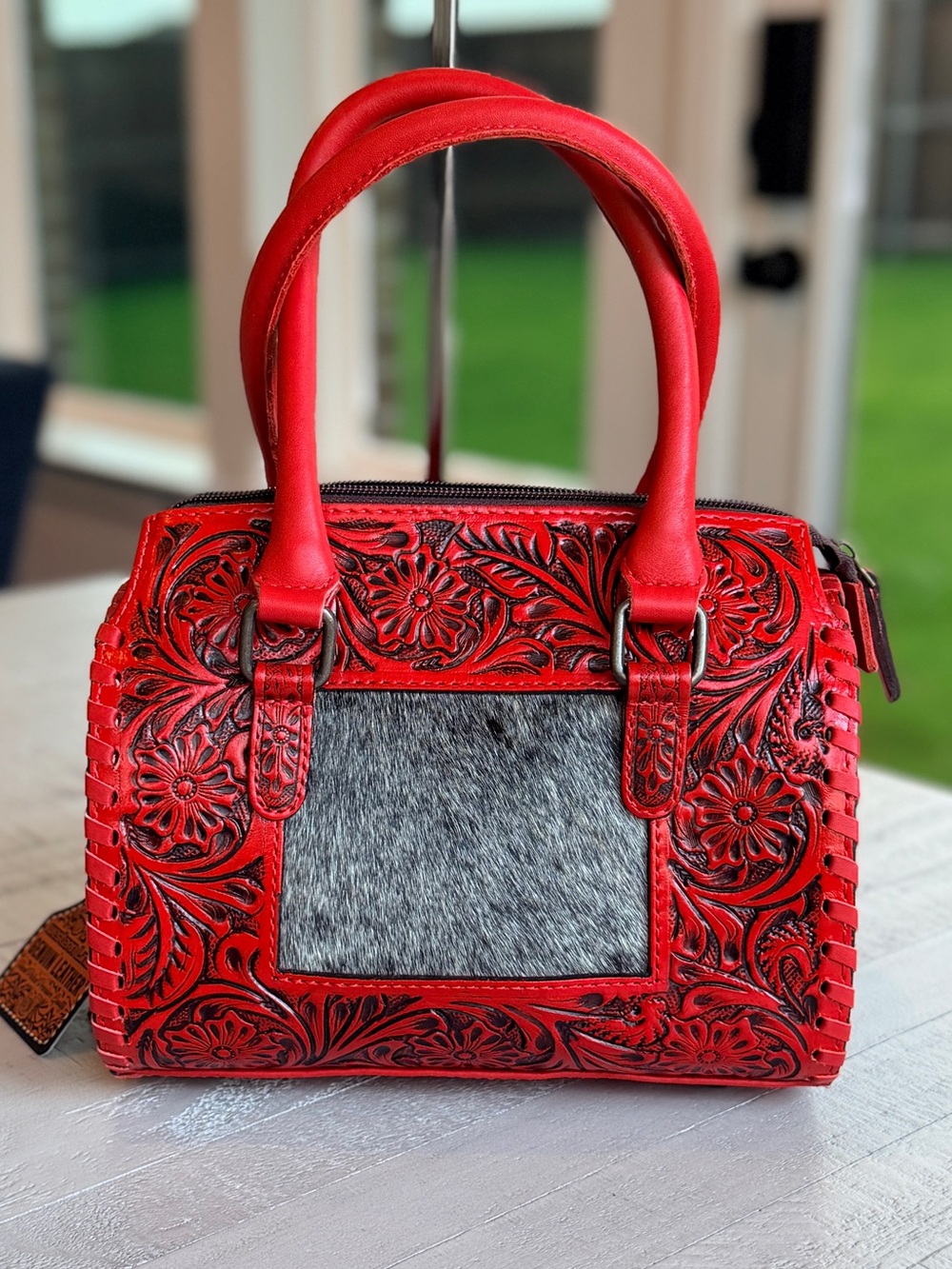 Genuine Leather Cowhide Western Speedy Purse Tooled Floral Red Satchel Bag Small